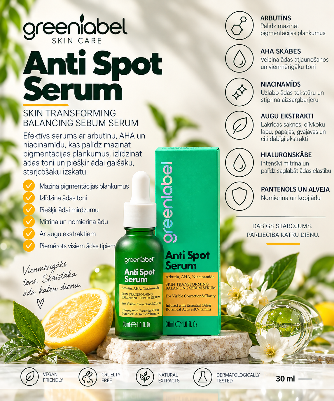 Pretpigmentācijas serums ar arbutīnu, AHA un niacinamīdu 30 ml