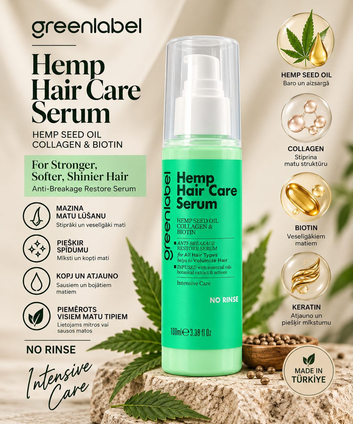 Intensīvi kopjošs, neizskalojams matu serums ar kaņepju sēklu eļļu, kolagēnu un biotīnu. 100ml