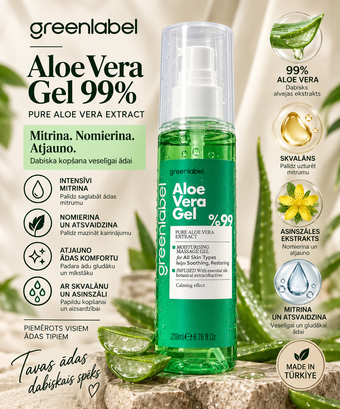 Mitrinošs un nomierinošs alvejas gels ar 99% aktīvās alvejas kompleksu, piemērots visiem ādas tipiem. 200ml